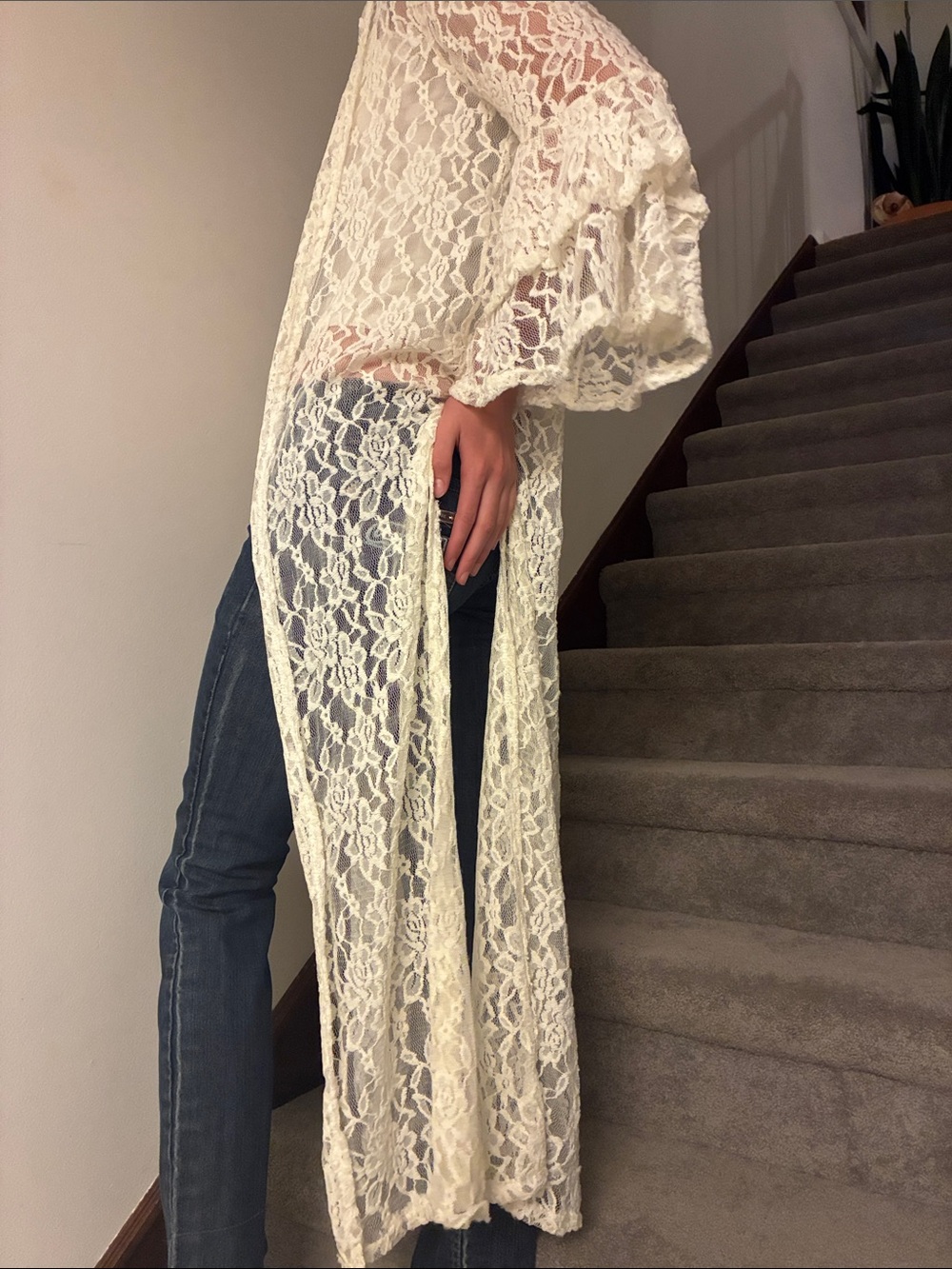 Lace Duster Cape - Ivory Long Sheer Lace Kimono - Picture 3 of 8